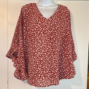 SHEIN Red Floral V-Neck Blouse
